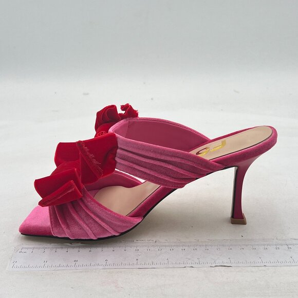 FSJ Pink Velvet Two Bows Open Toe Mules Stiletto High Heel Slip On Party Shoes - Picture 2 of 8